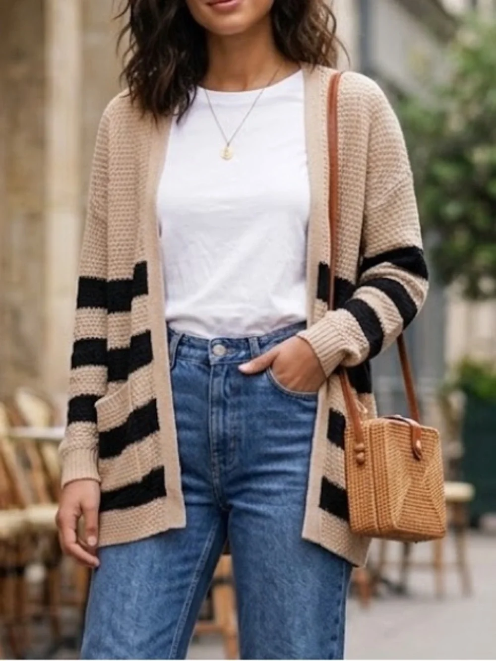 Forever 21 open front Cardigan sweater, brown/tan with black stripes size medium